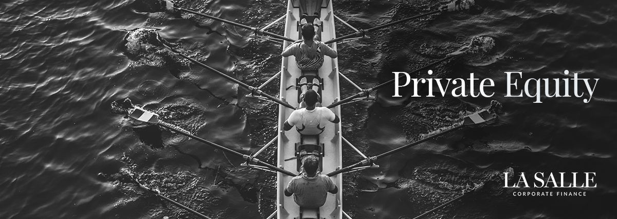 Aerial view of a bridge over dark water with “Private Equity” and LaSalle text overlay