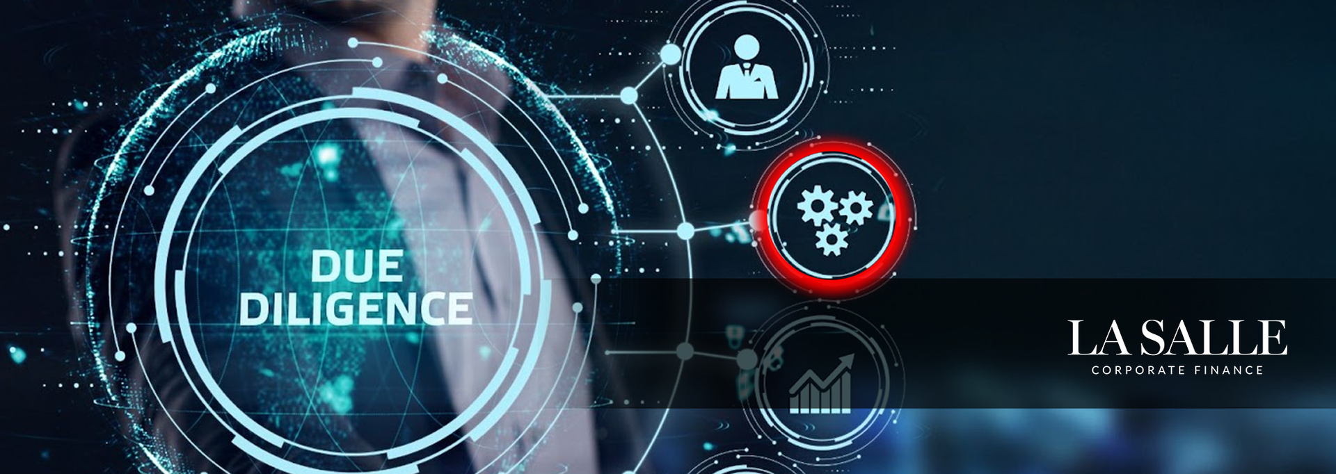Digital due diligence graphic with glowing icons and a LaSalle logo on a dark blue background