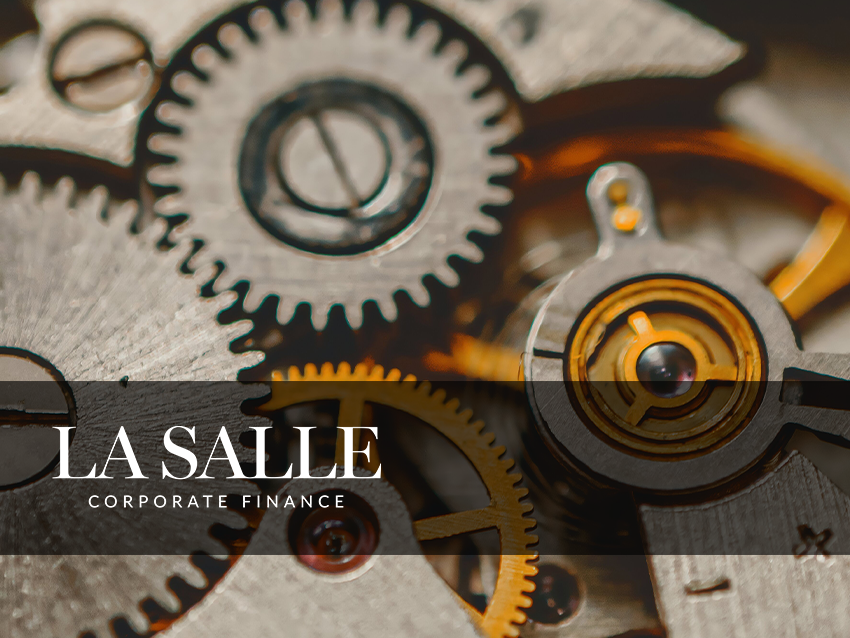 LA SALLE corporate finance logo over interlocking gears in metallic gray and gold