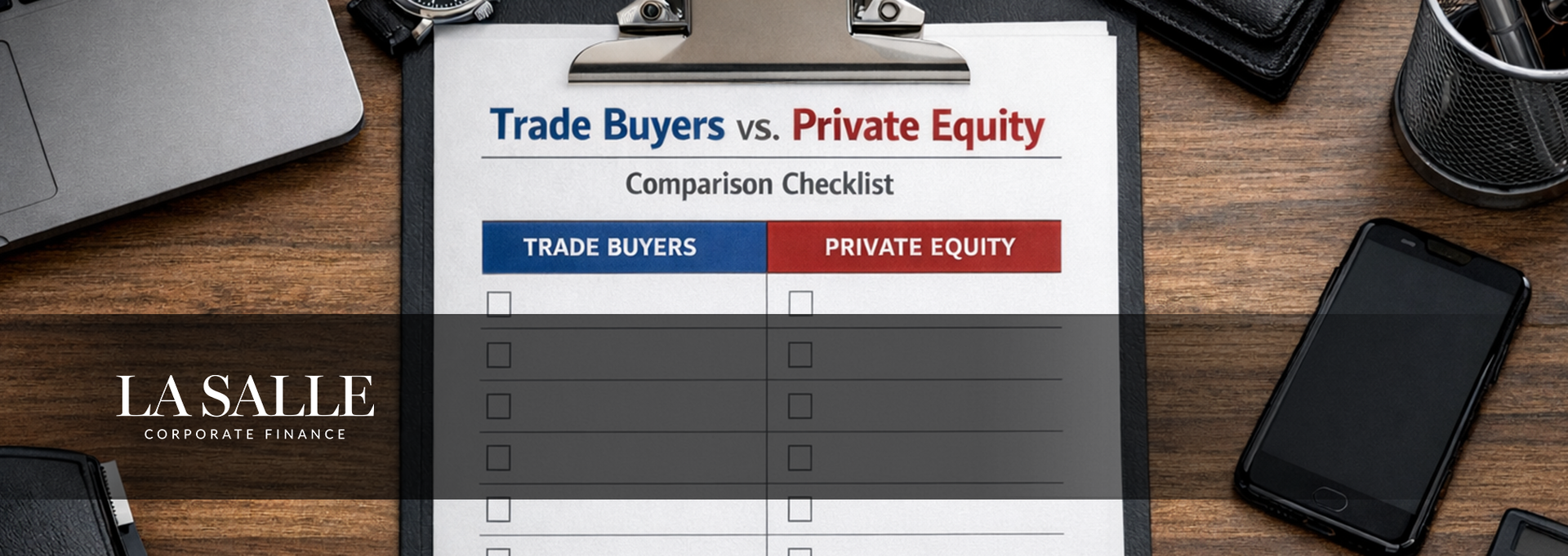 Business comparison chart titled “Trade Buyers vs. Private Equity” on a desk with phone and tablet