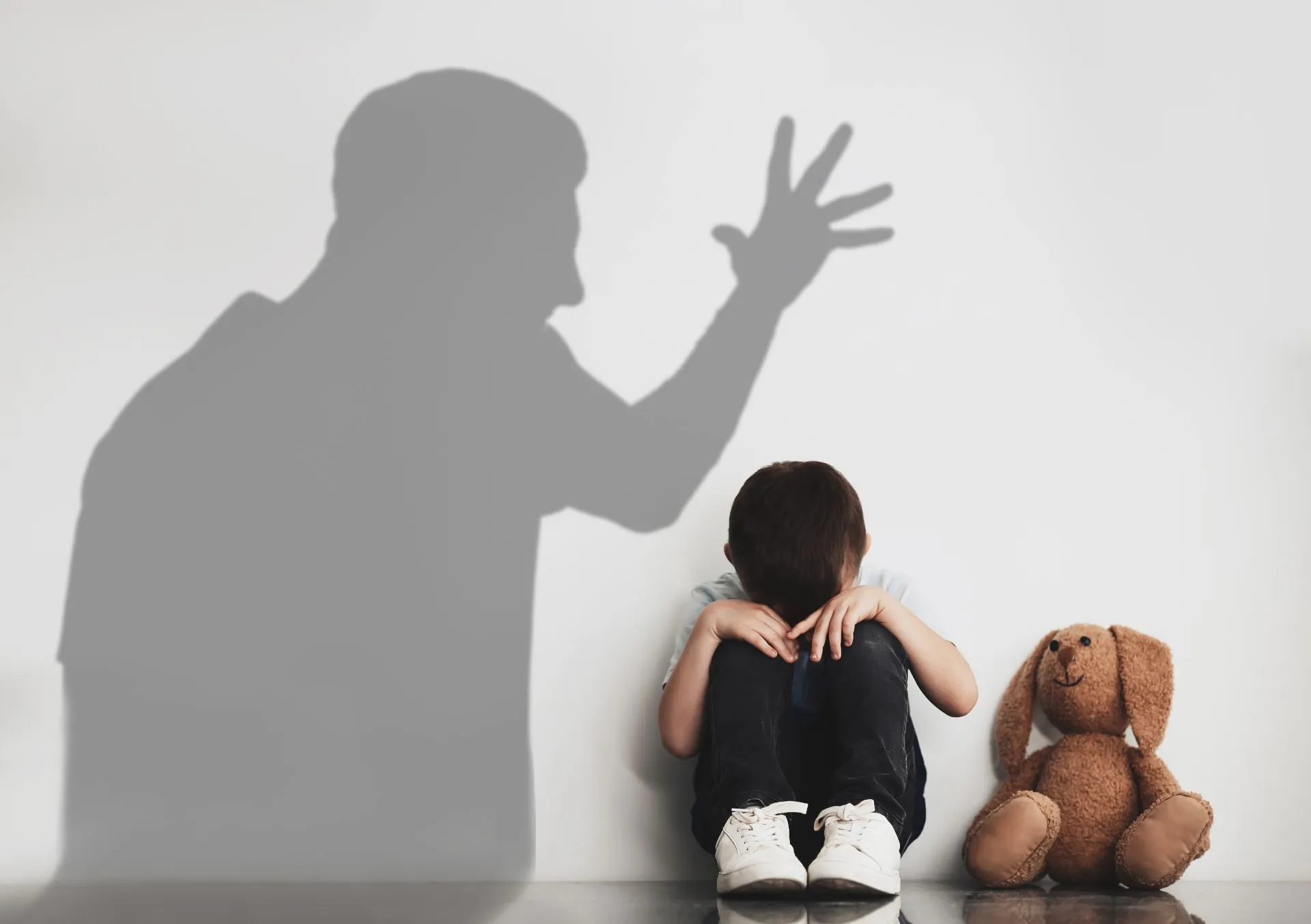 Shadow of an adult yelling at a child covering their face.  Teddy bear beside the child.