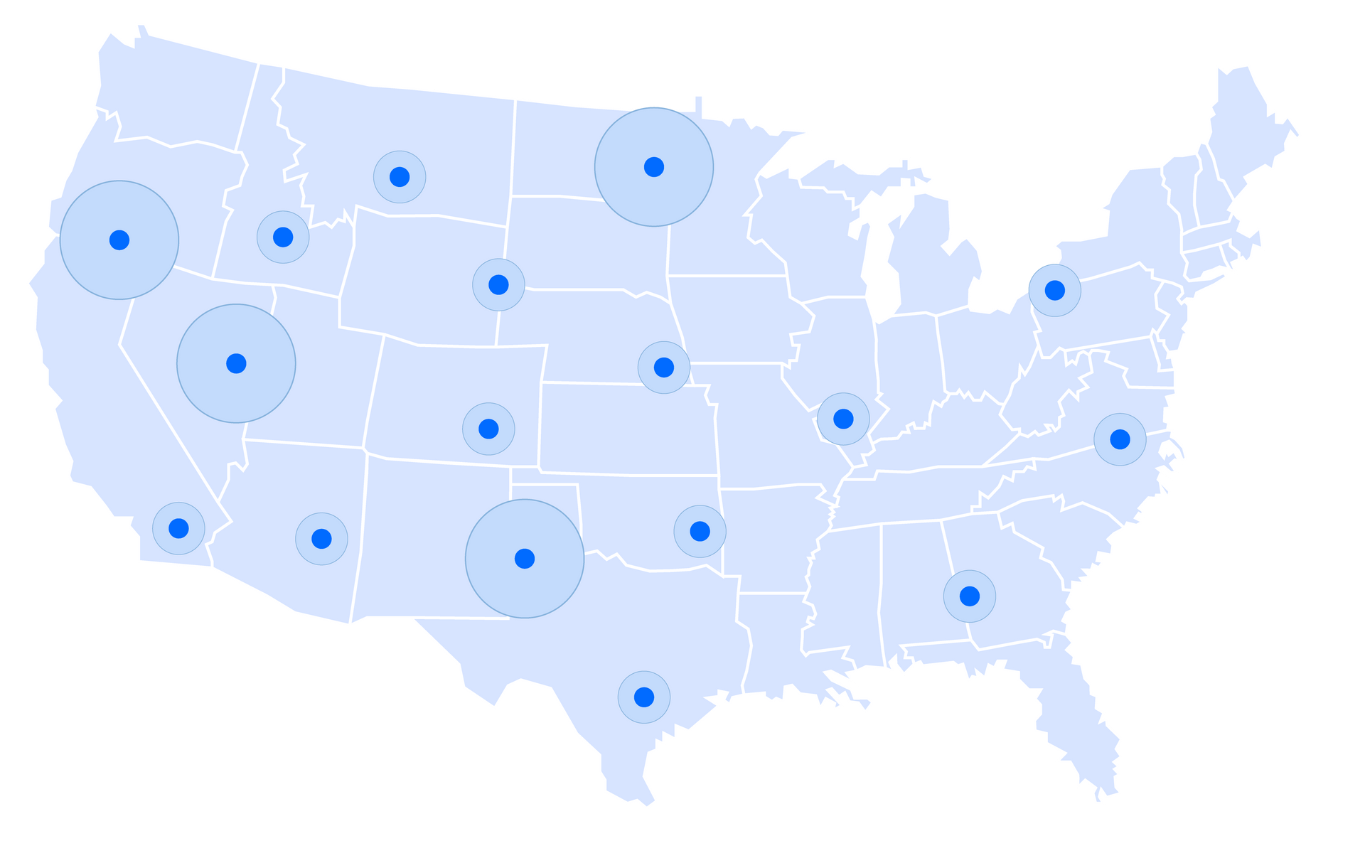 Map of the United States with blue circles indicating locations, varying in size, with lighter blue surrounding rings.
