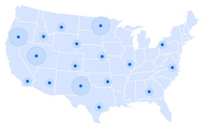 Map of the United States with blue circles indicating locations, varying in size, with lighter blue circles around them.