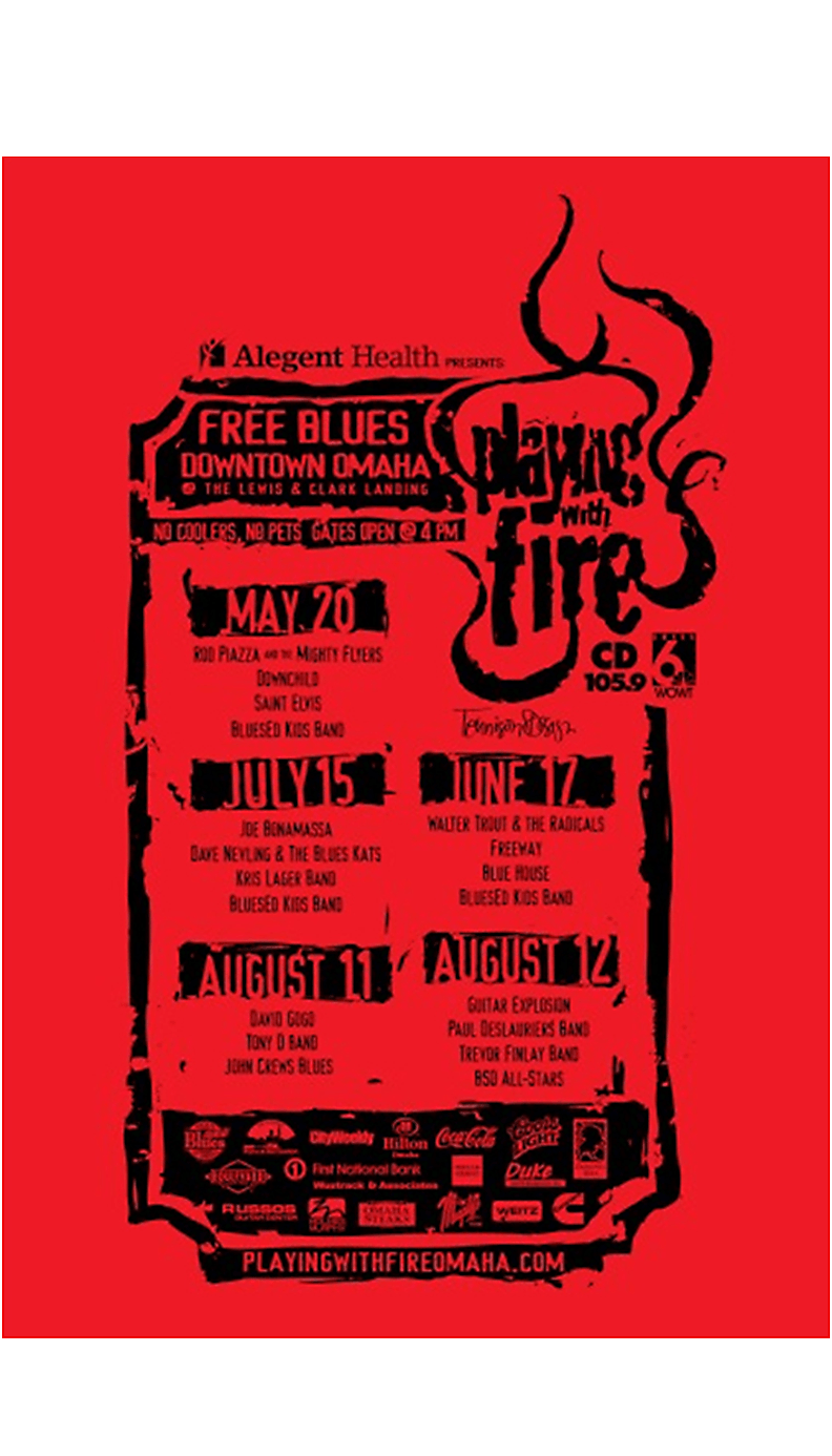 A red poster advertising free blues and flaming tires
