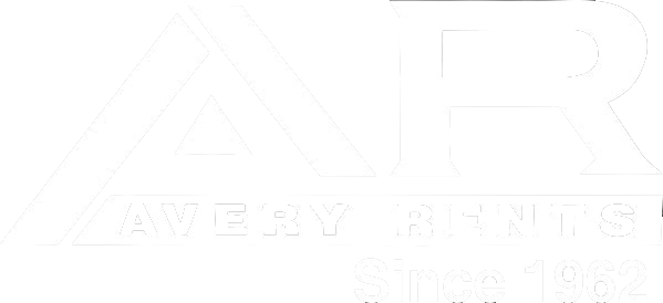 A white logo for a company called avery printing is on a white background.