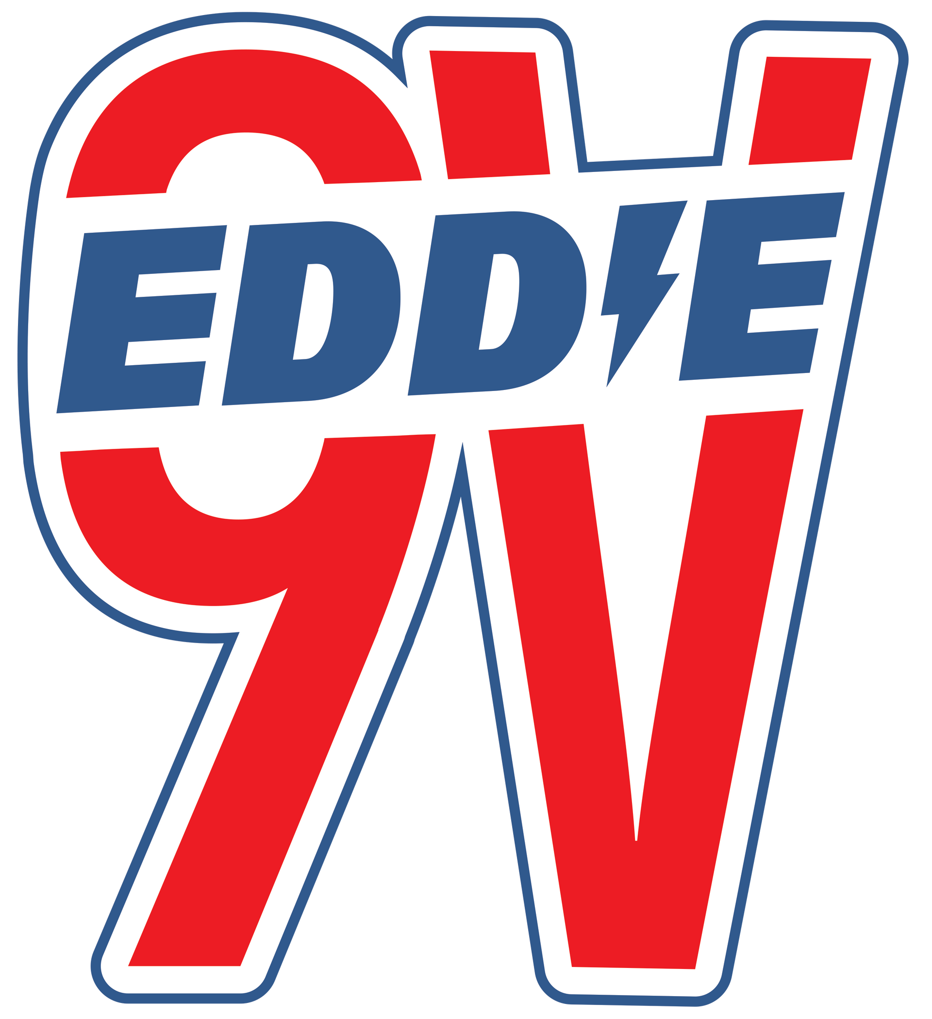 A red white and blue logo for eddie 9v
