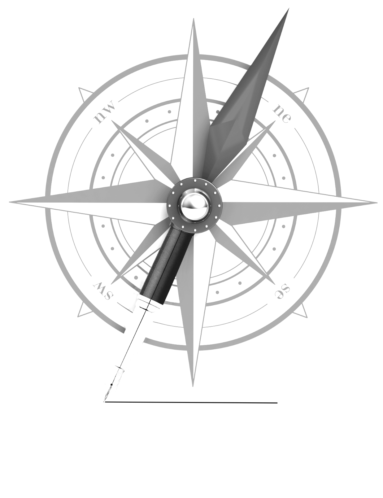 Compass pointing north, with directional markers.