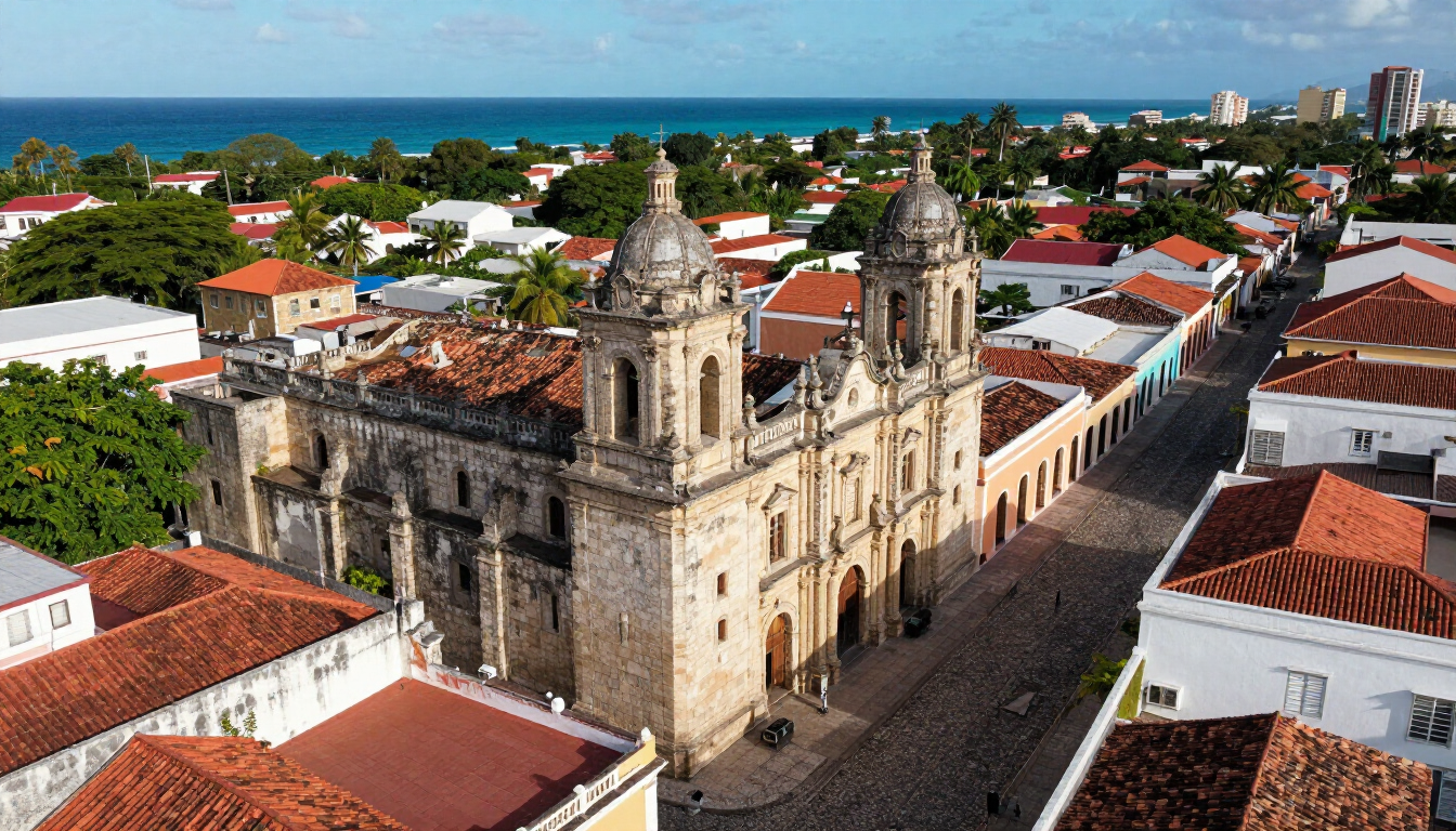 Colonial architecture in Santo Domingo with cobblestone streets