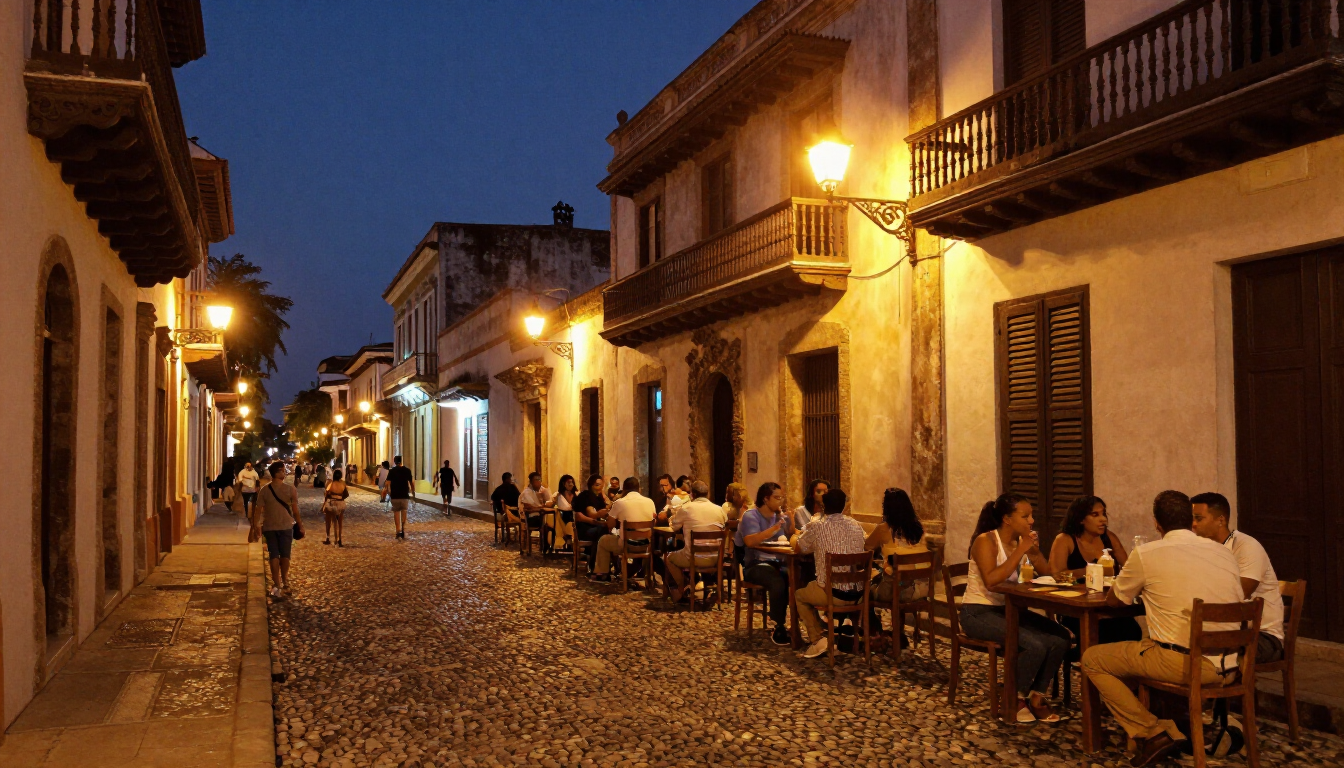 A lively night scene in the historic Colonial Zone of Santo Domingo with people enjoying drinks and music.