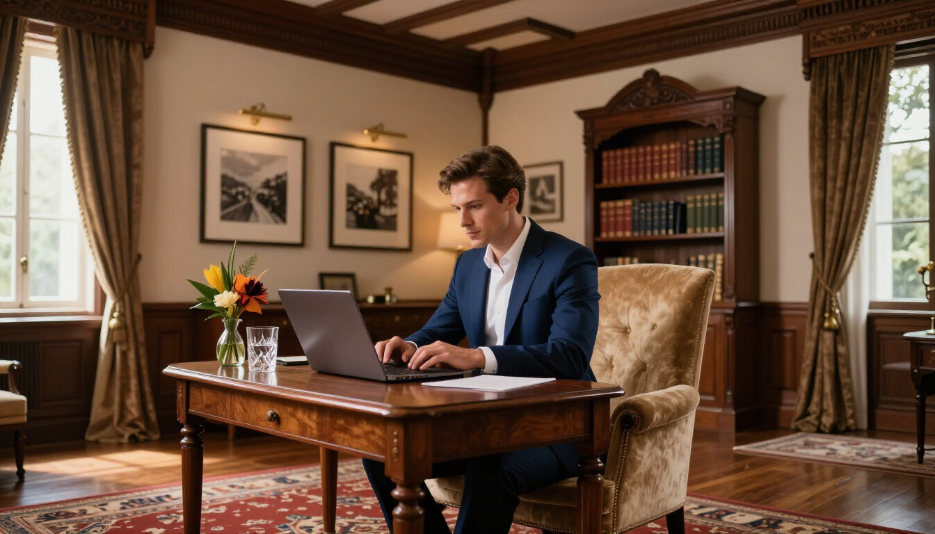 Professional business setup in a luxury colonial hotel room in Santo Domingo.