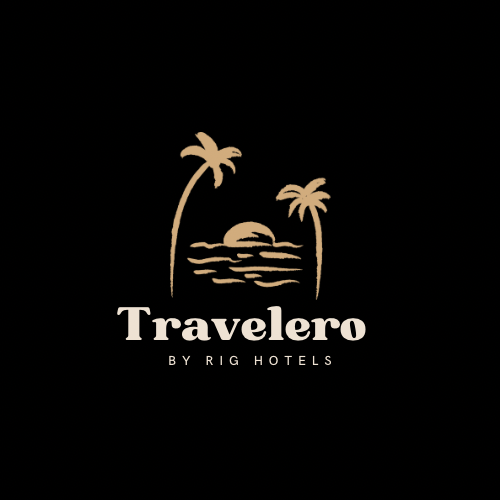 Travelero hotel logo with beige palm trees, sun, and waves on black background