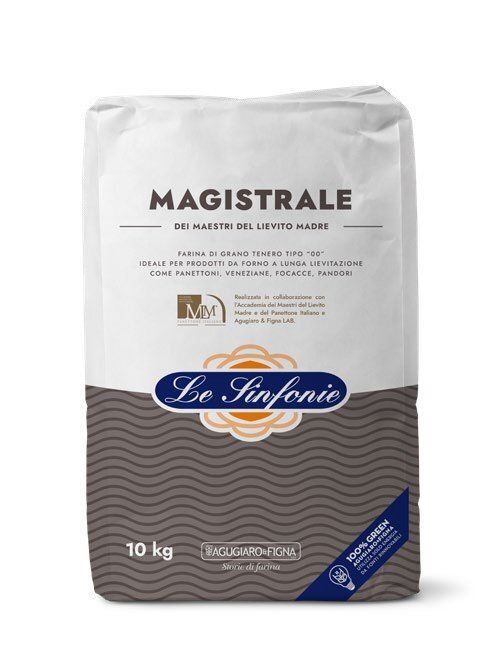 White bag of Magistrale Le Sinfonie flour with gray, blue, and gold accents