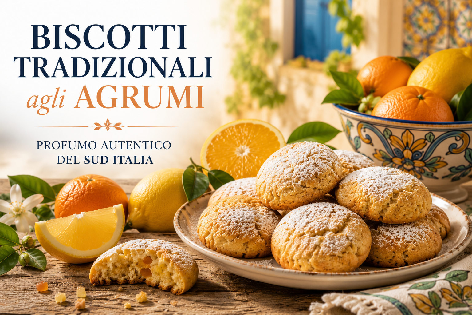 Biscotti italiani al limone su un piatto, spolverati di zucchero a velo, con limoni e un cestino sullo sfondo.
