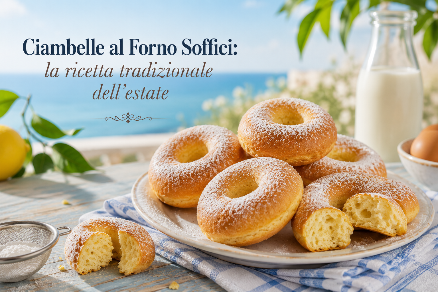 Ciambelle al forno soffici su un vassoio, con latte e farina in una scena estiva