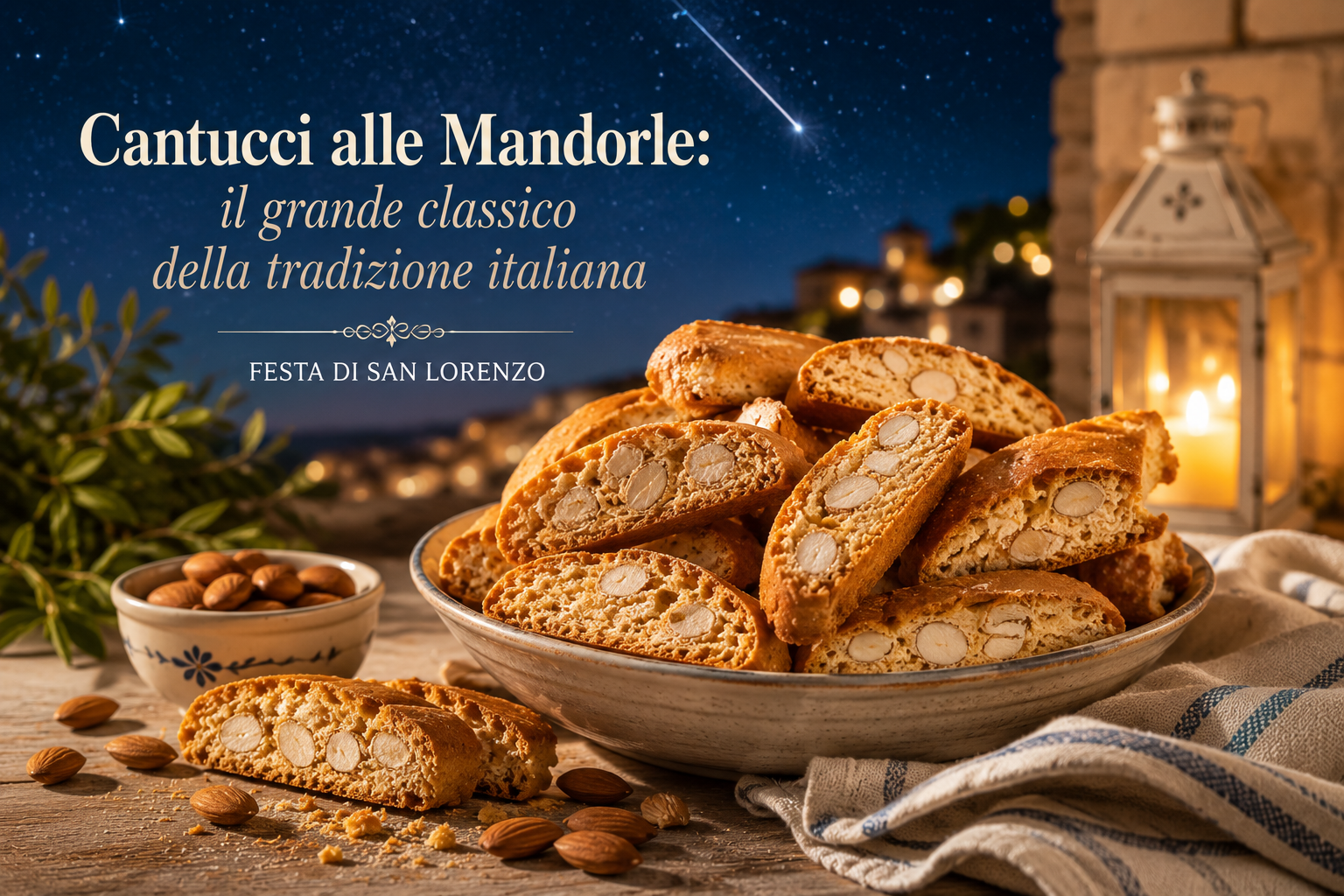 Cantucci alle mandorle su un tavolo con tazze e una lanterna, sullo sfondo di un caldo paesaggio serale italiano.