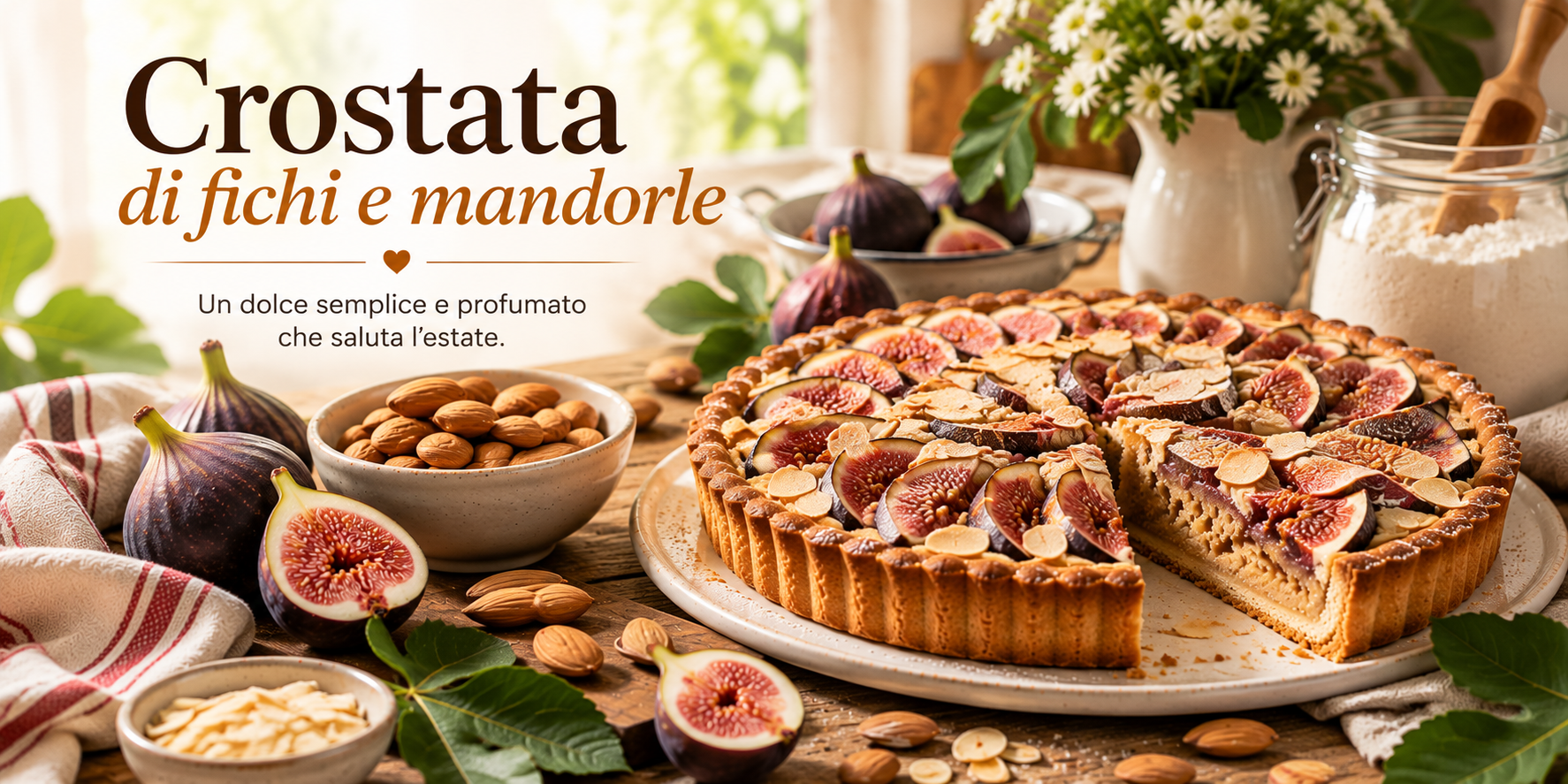 Crostata rustica di fichi e mandorle su un tavolo con fichi a fette, mandorle, fiori e servizio da tè.