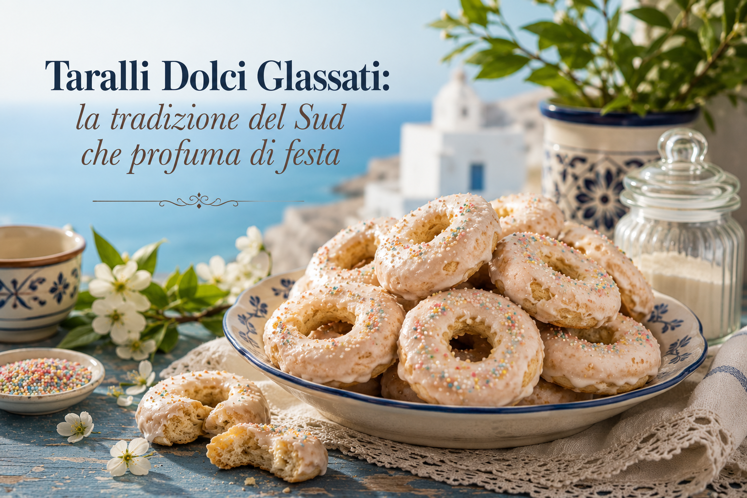 Taralli dolci glassati on a plate with flowers and cups, rustic Italian dessert scene