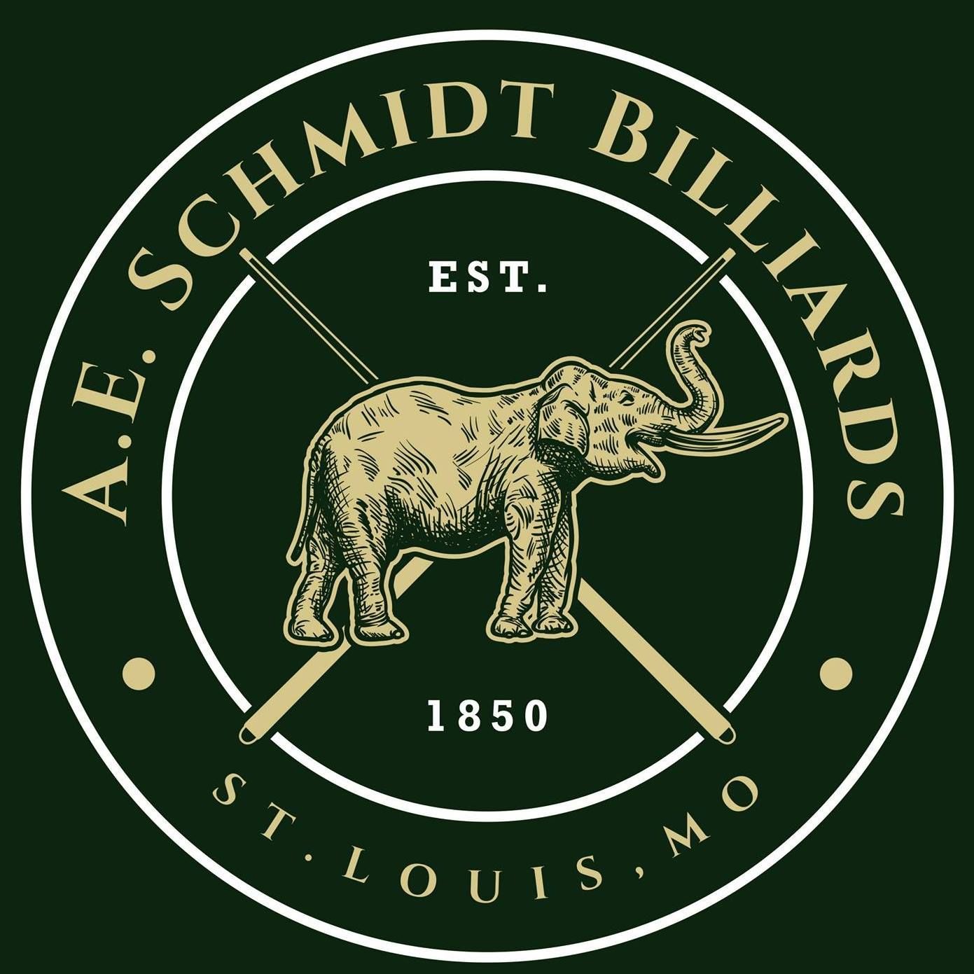 A.E. Schmidt billiards logo with an elephant in a green circular emblem, St. Louis, Missouri