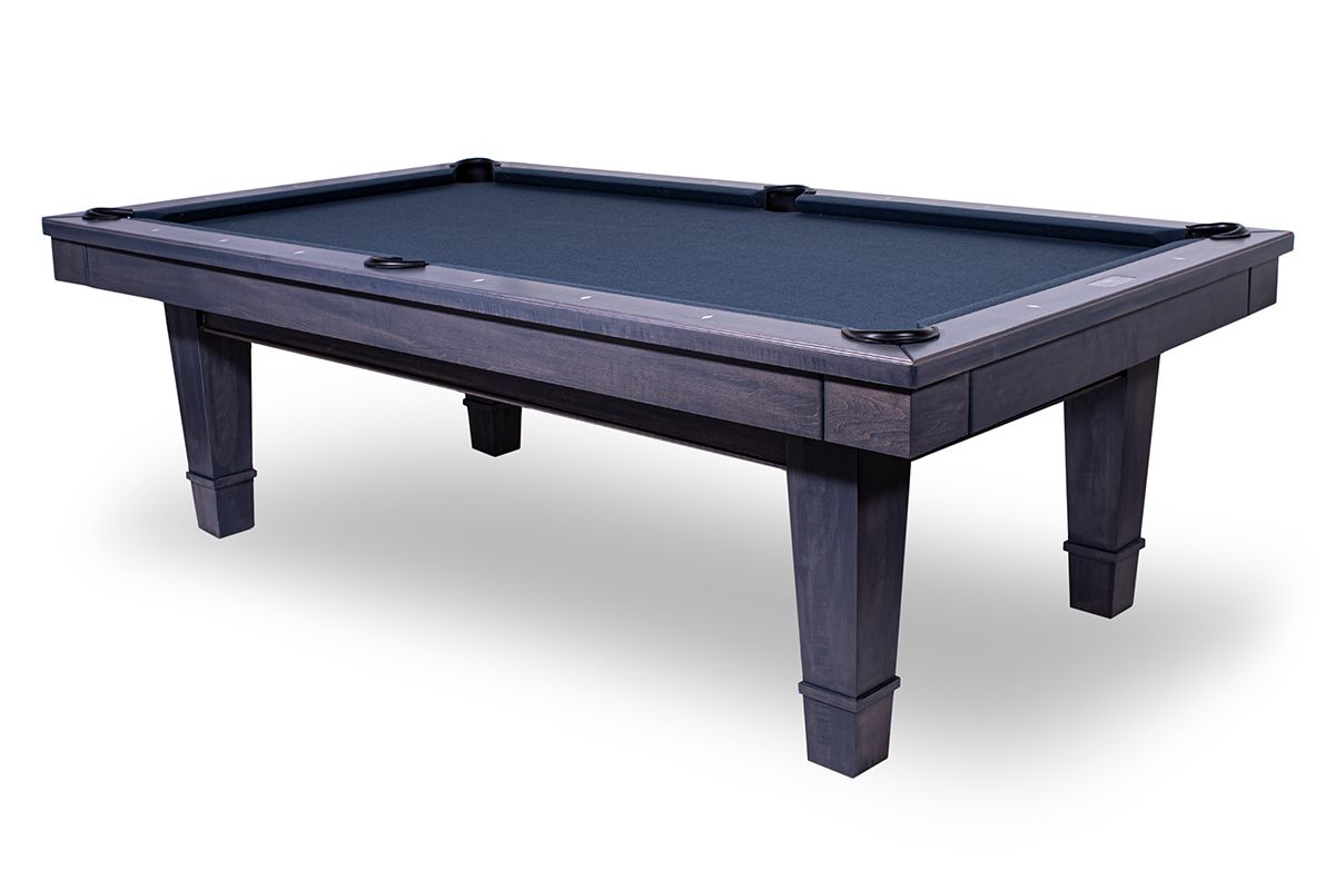 Dark gray billiards table with six legs on a white background