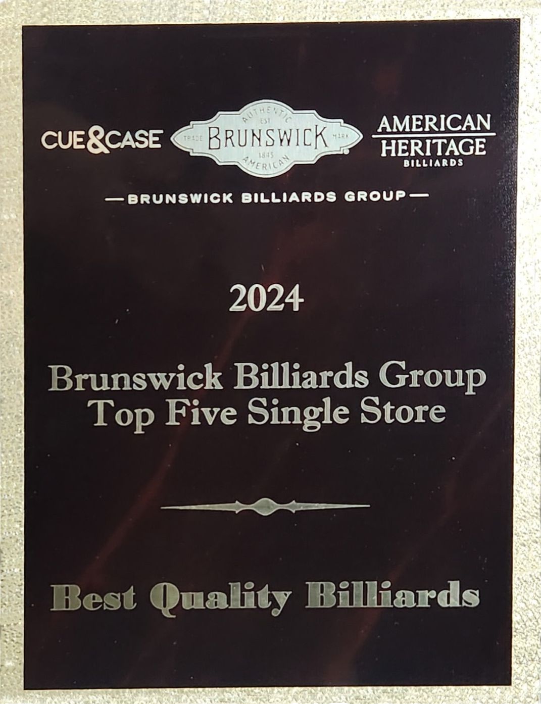 Best Quality Billiards - Brunswick Top5 Independent Dealer Nationwide 2024 Award
