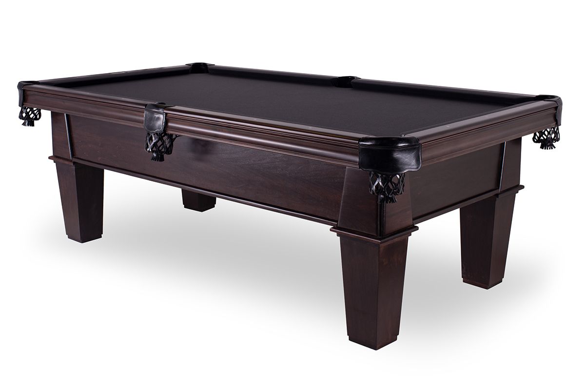 Dark wooden pool table with black felt and carved legs
