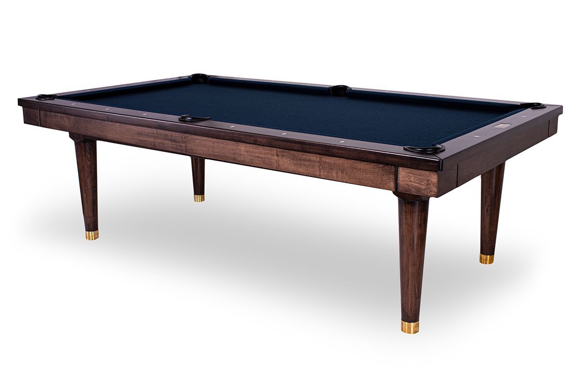 Brown wooden pool table with black felt and gold-capped legs on a white background