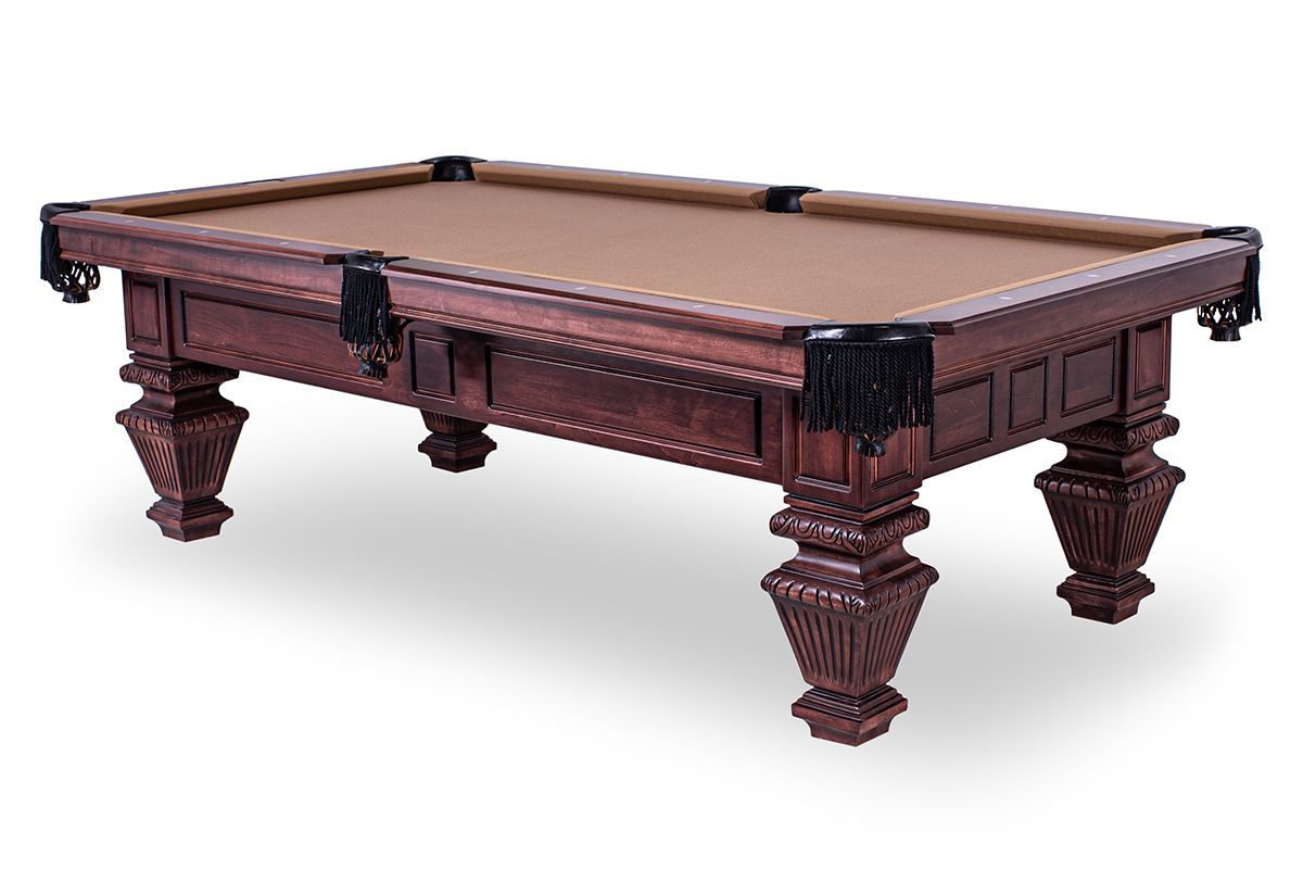 Ornate brown pool table with six carved legs on a white background