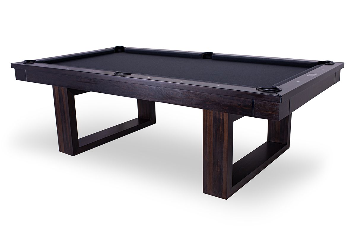 Dark wood pool table with black felt and sturdy rectangular legs on a white background