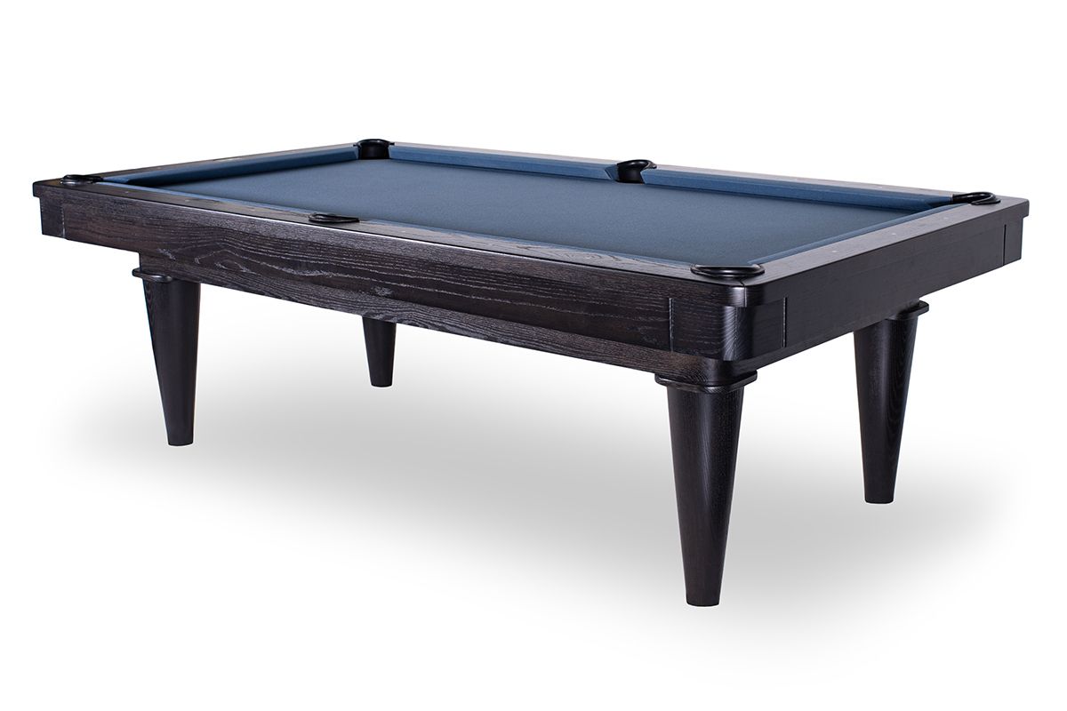 Black billiards table with six pockets and blue felt, shown on a white background