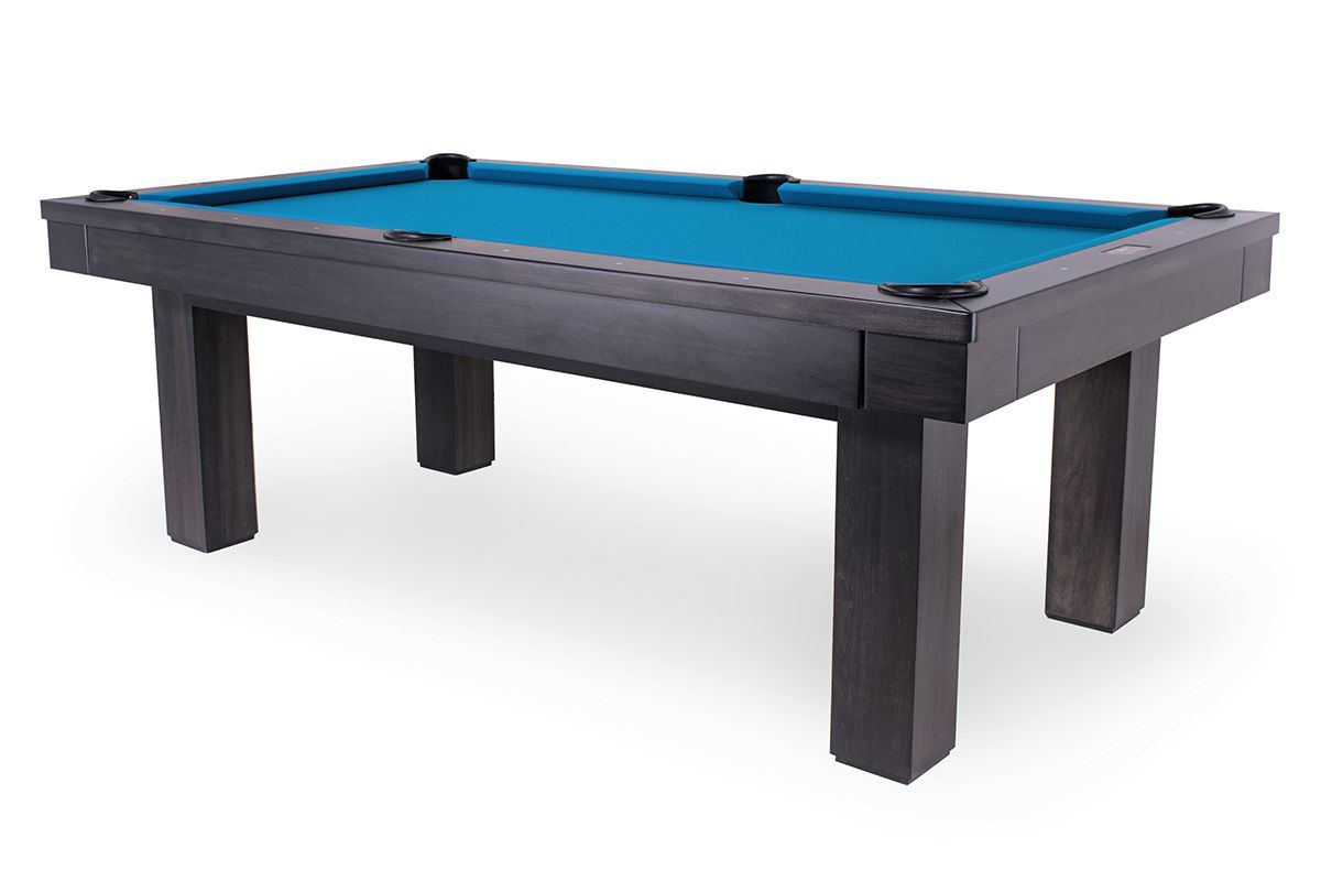 Blue-felt pool table with dark wood legs on a white background