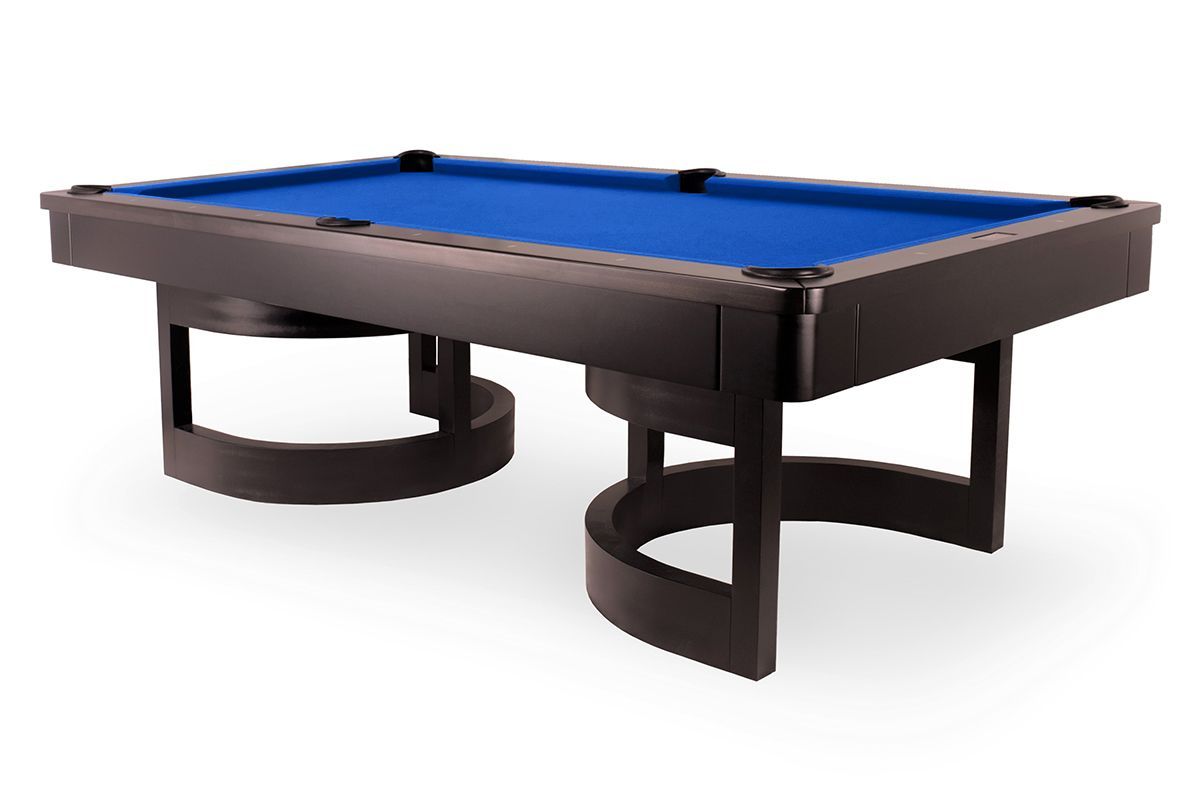 Modern pool table with blue felt and dark curved legs on a white background