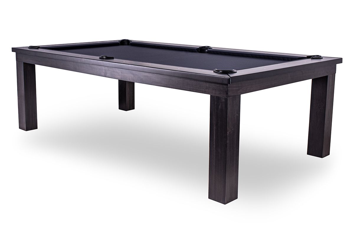 Dark wooden pool table with a black felt top and four legs