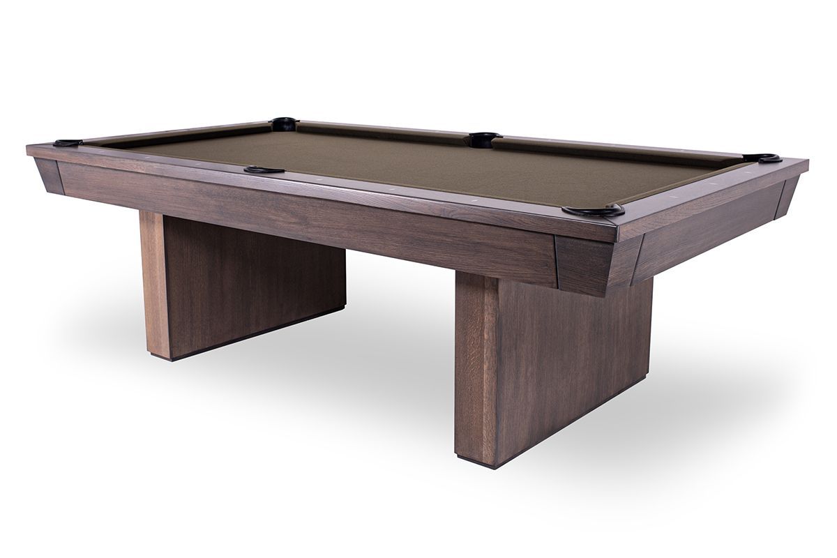 Wooden pool table with dark brown rails and tapered legs on a white background