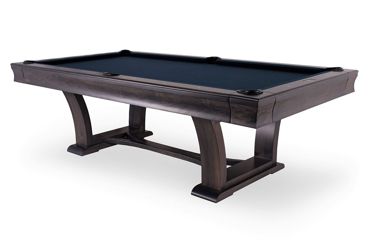 Dark wooden pool table with green felt and curved legs on a white background