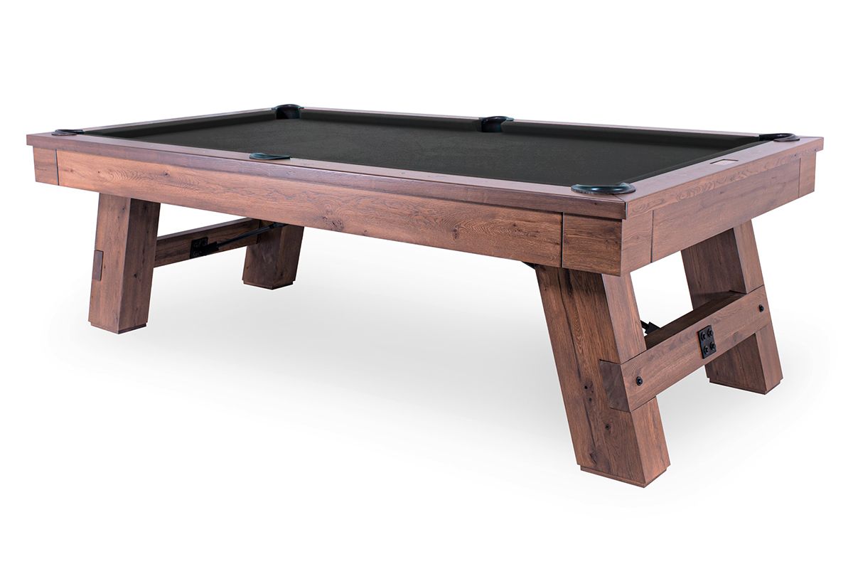 Wooden bench-style pool table with dark felt top and sturdy angled legs.