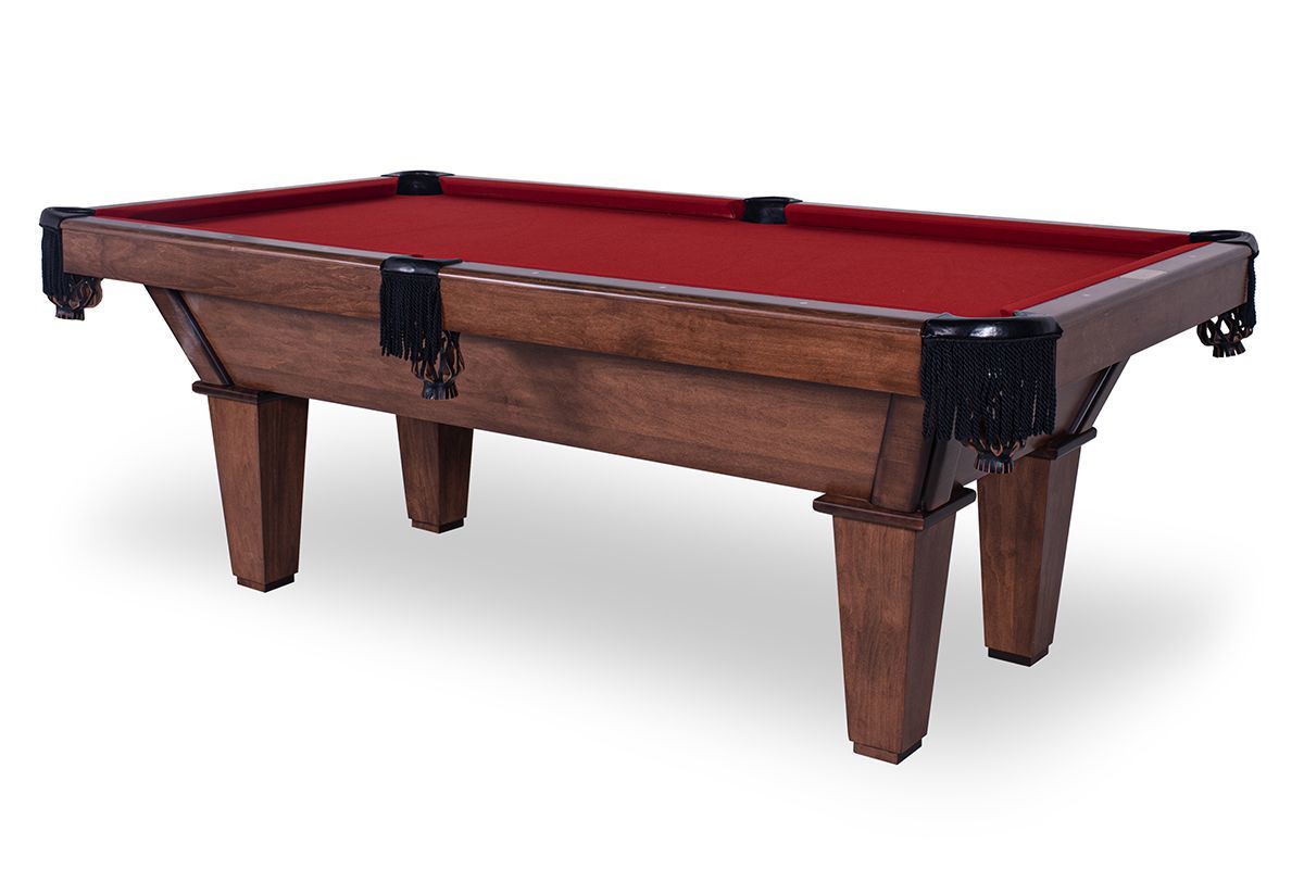 Red-felt pool table with wooden legs and dark corner pockets on a white background