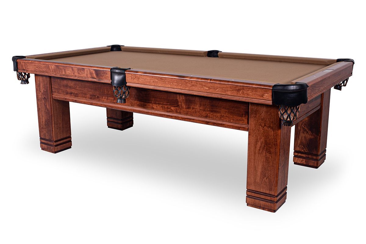 Wooden pool table with brown felt and black corner pockets