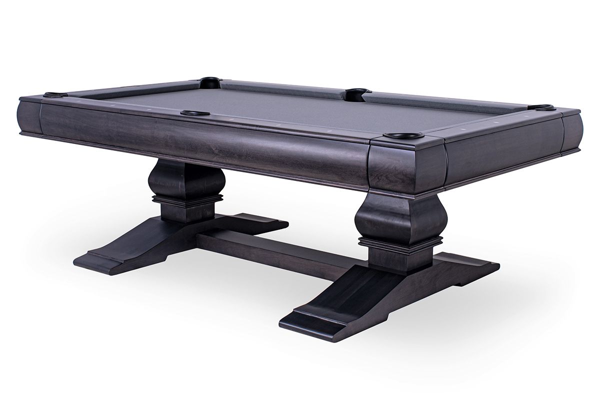 Black rectangular adjustable standing desk with twin pedestal legs and a flat base on a white background
