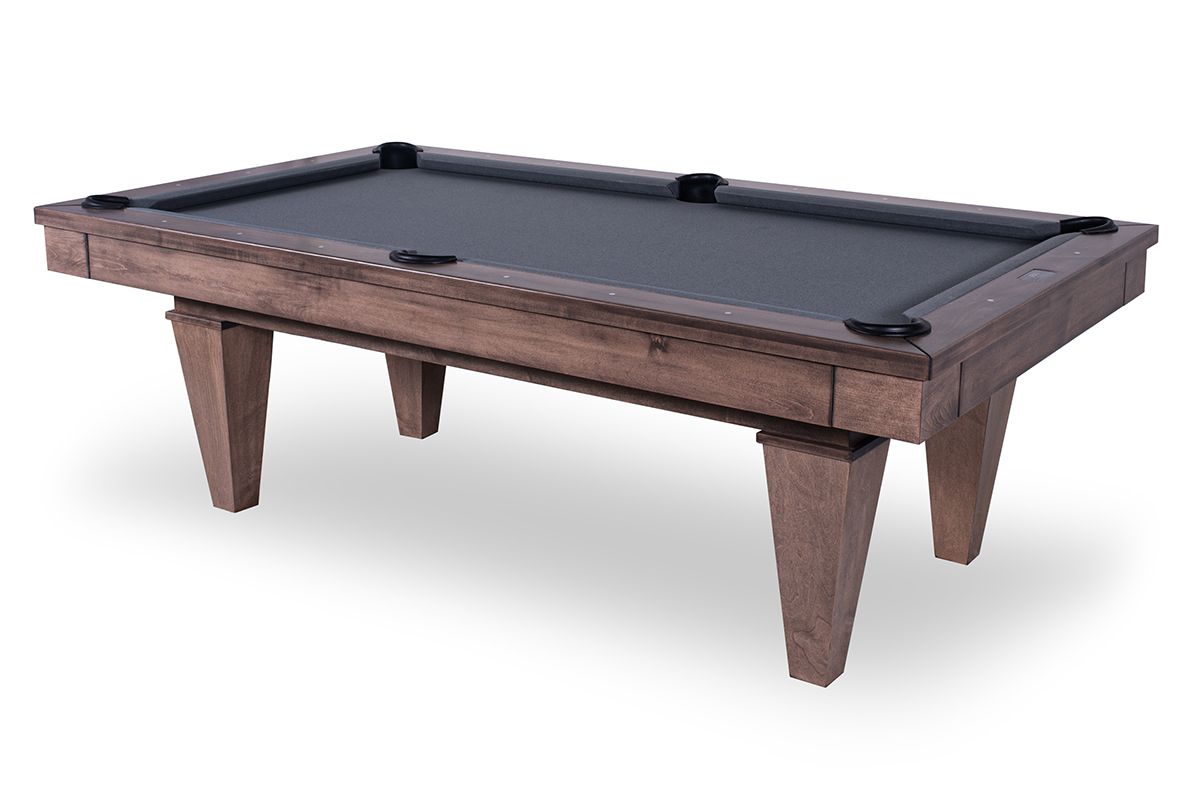 Brown wooden pool table with black felt and six legs