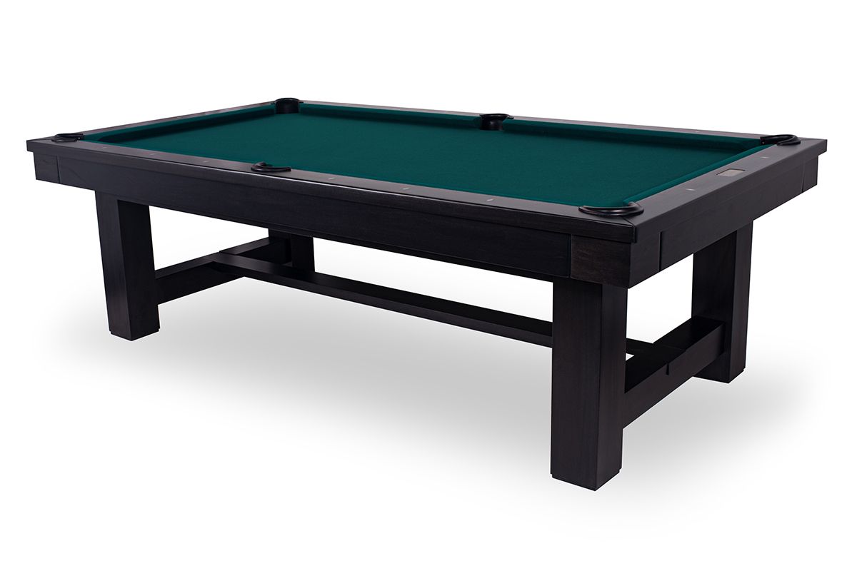Black pool table with green felt, shown on a white background