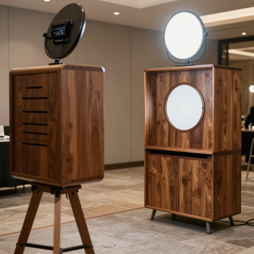 Two photo booths with ring lights in a modern indoor venue, one on a tripod and one on a cabinet base.
