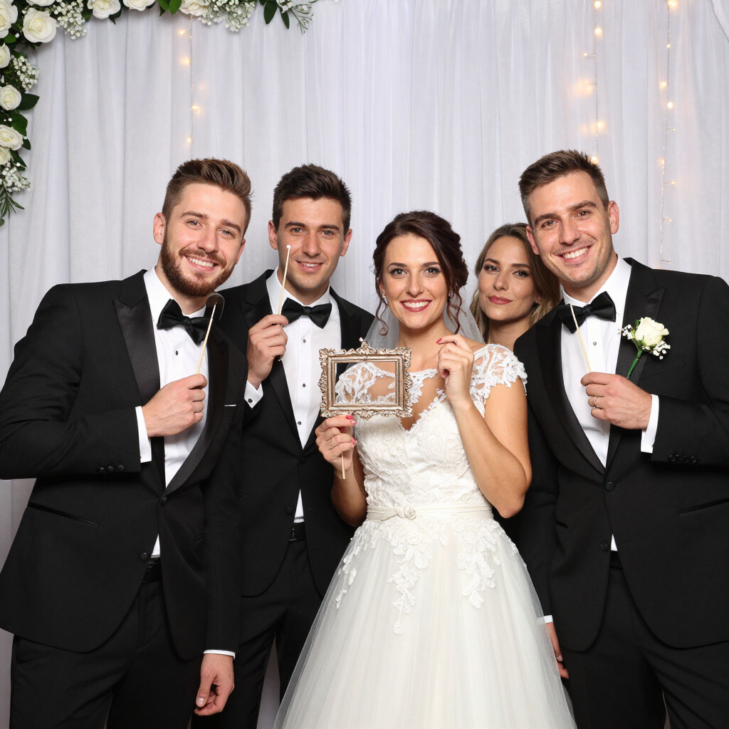 Wedding party posing in formal black-and-white attire, with the bride holding a framed sign.