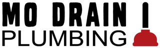 A logo for mo drain i plumbing with a red plunger