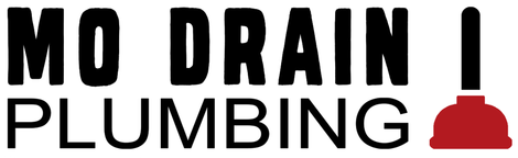 A logo for mo drain i plumbing with a red plunger