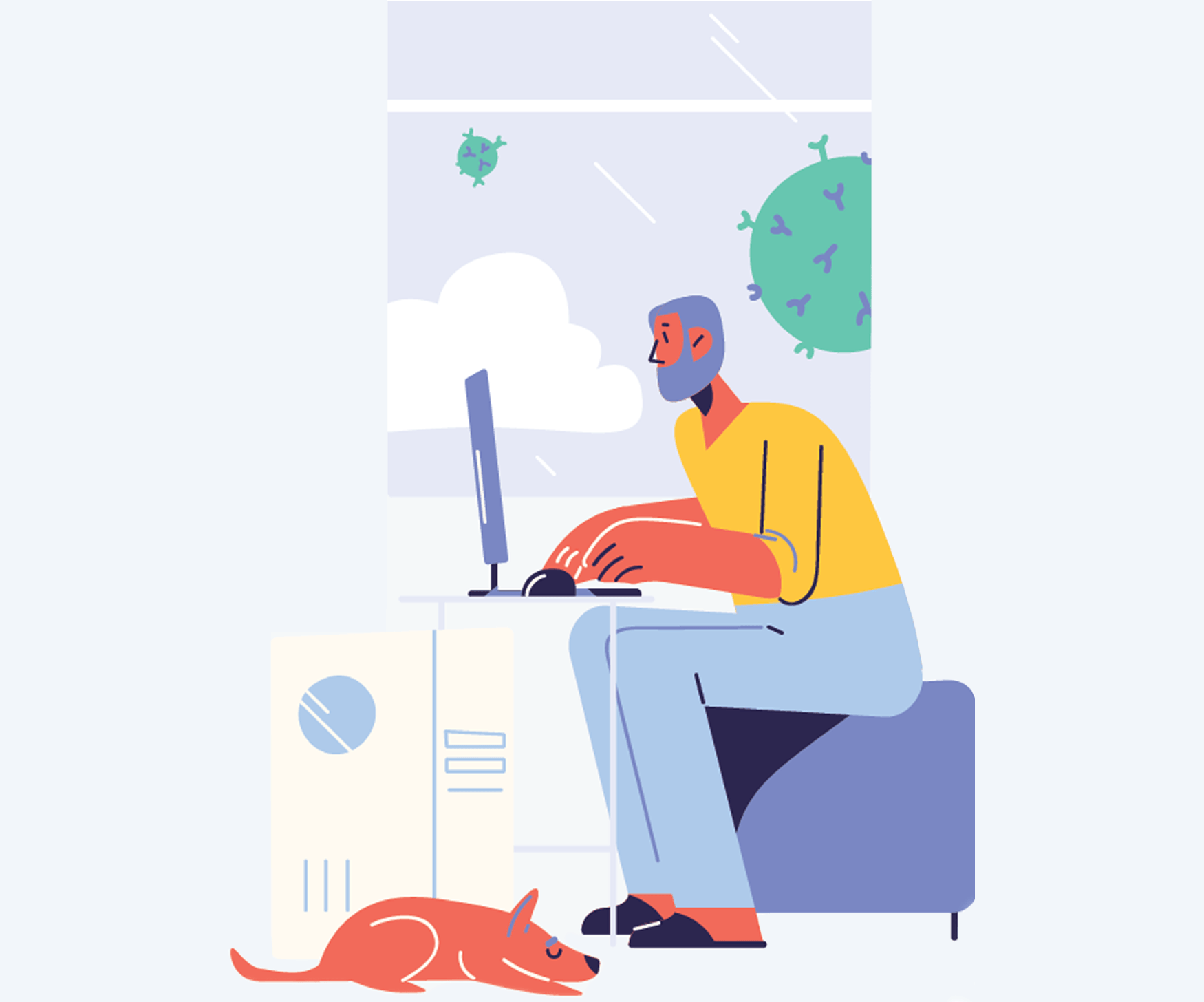 A man is sitting on a couch using a laptop computer next to a dog.