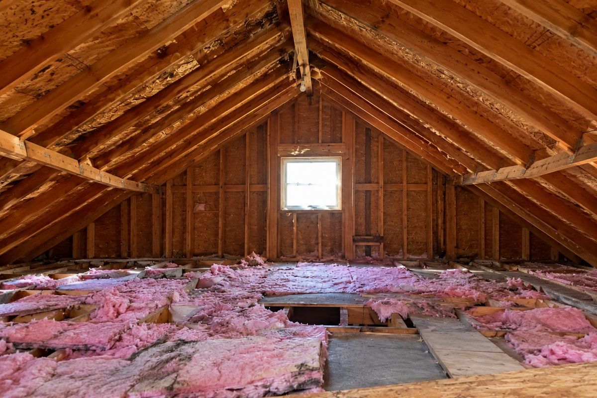  Attic with damaged insulation before spray foam installation