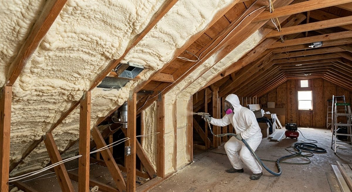 Contractor in protective suit applying spray foam insulation in an unfinished attic.