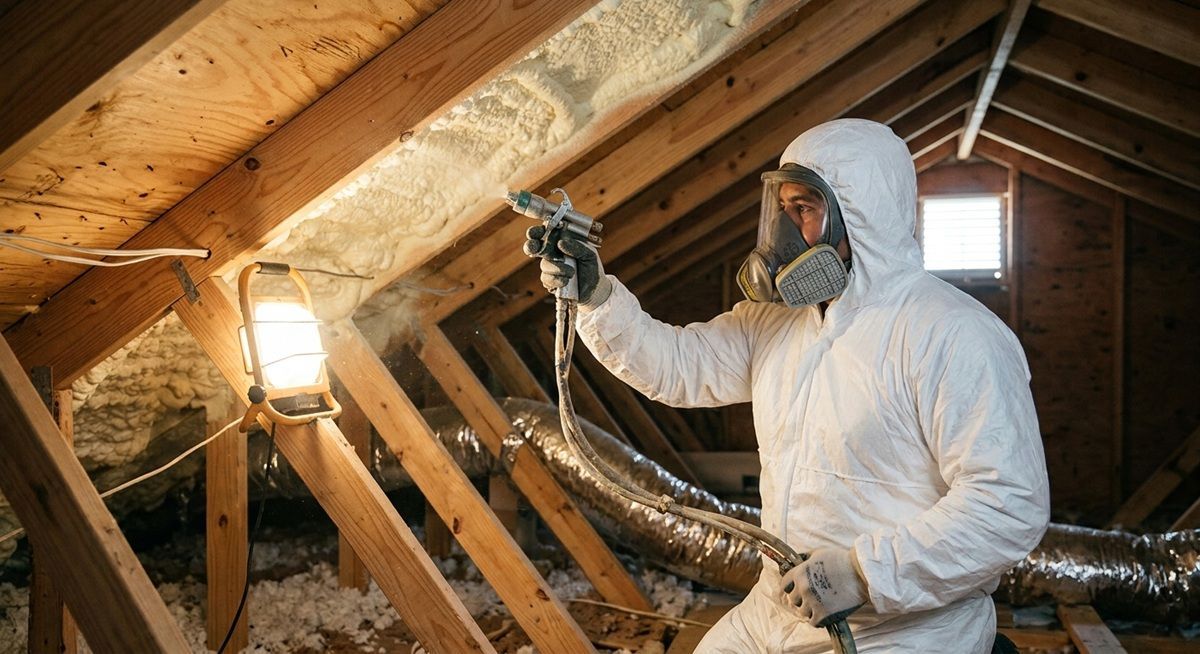 Contractor applying spray foam insulation in a residential attic. 

