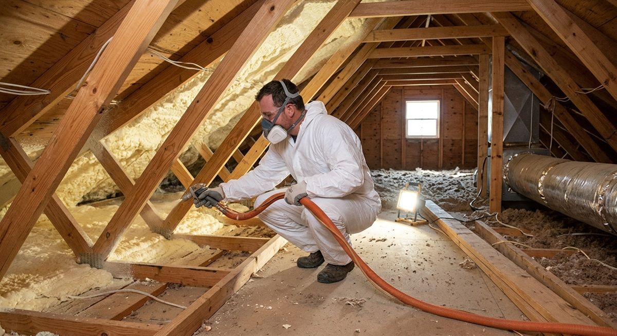 Contractor applying spray foam insulation in a home attic in Mission, TX.
