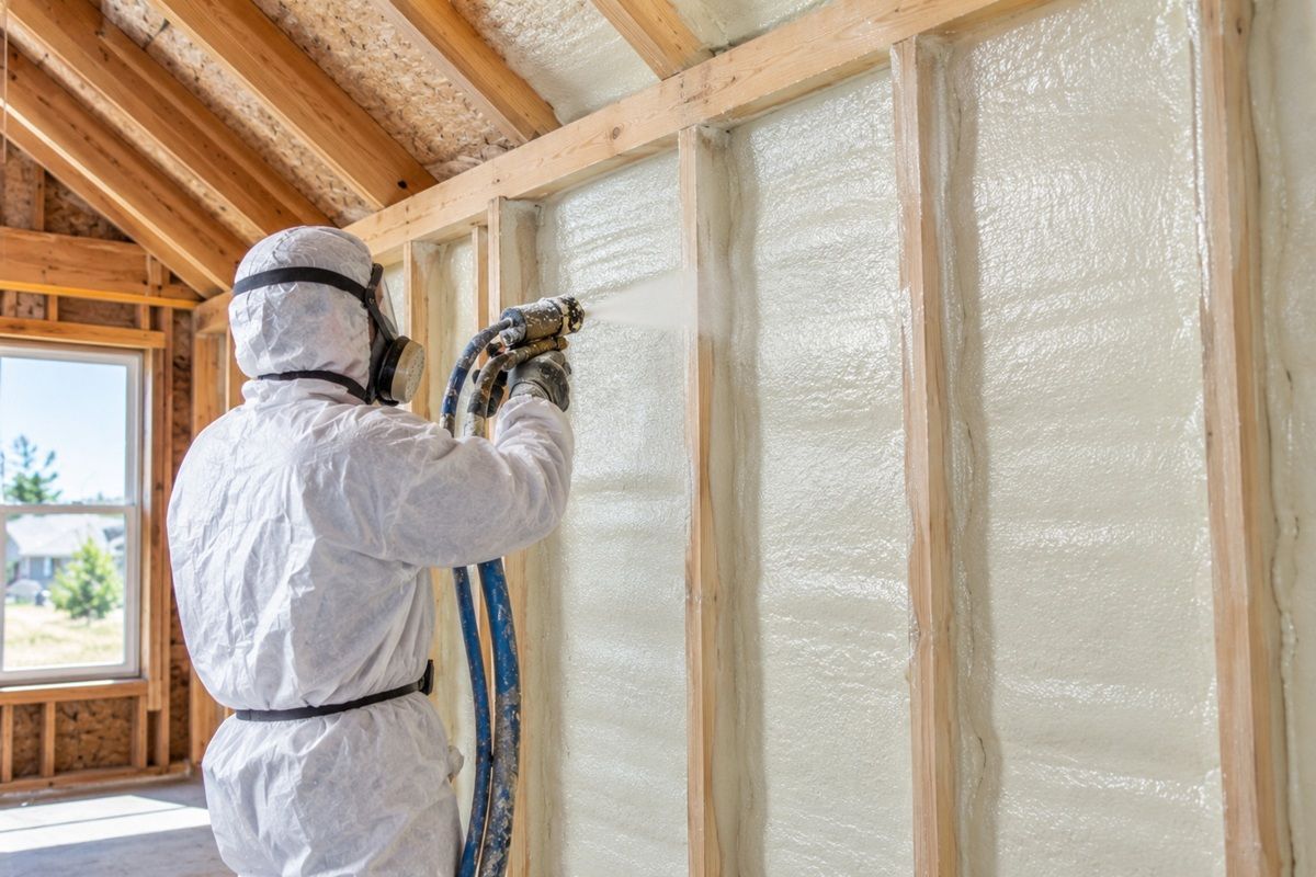 Worker applying closed-cell spray foam insulation to wooden wall framing.

